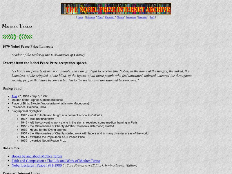 The Nobel Prize Internet Archive: Mother Teresa Handout The Nobel Prize Internet Archive: Mother Teresa Handout