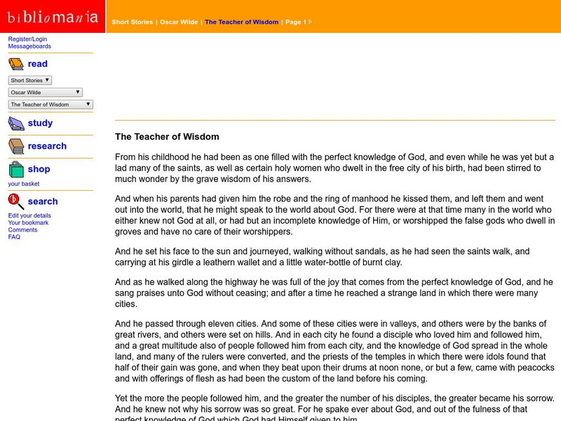 Bibliomania: Oscar Wilde the Teacher of Wisdom Handout Bibliomania: Oscar Wilde the Teacher of Wisdom Handout