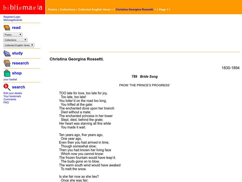 Bibliomania: Christina Georgina Rossetti Poetry Handout Bibliomania: Christina Georgina Rossetti Poetry Handout