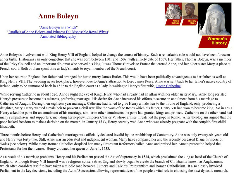 King's College: The Life of Anne Boleyn Handout