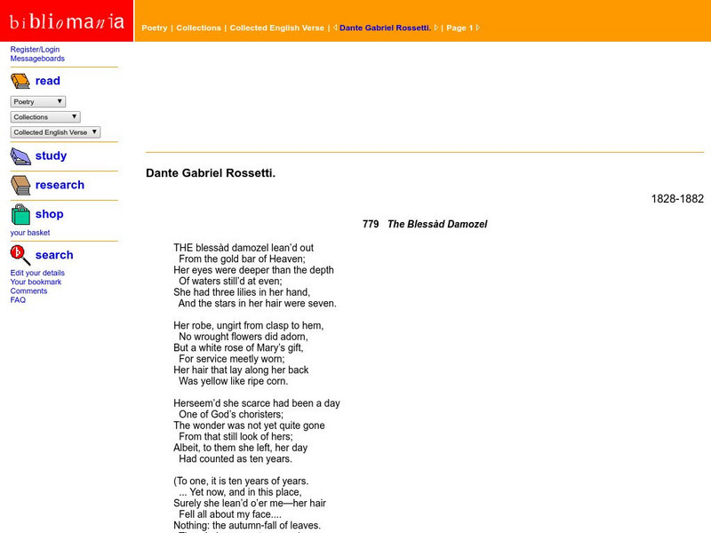 Bibliomania: Dante Gabriel Rossetti Poetry Handout Bibliomania: Dante Gabriel Rossetti Poetry Handout