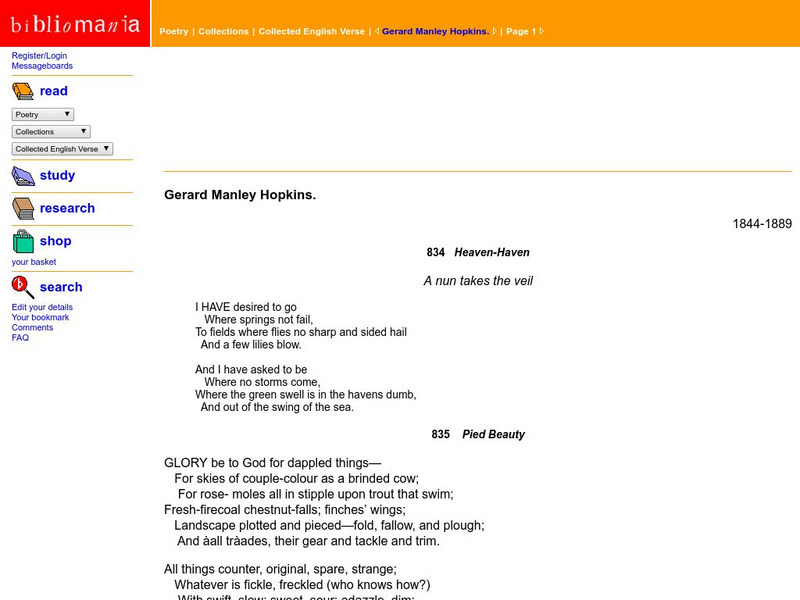 Bibliomania: Gerard Manley Hopkins Poetry Handout