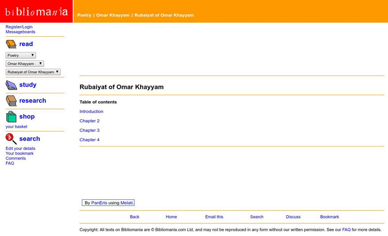 Bibliomania: "Rubaiyat of Omar Khayyam" Handout Bibliomania: "Rubaiyat of Omar Khayyam" Handout