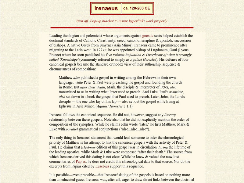 Irenaeus (Ca. 120 203 Ce) Handout