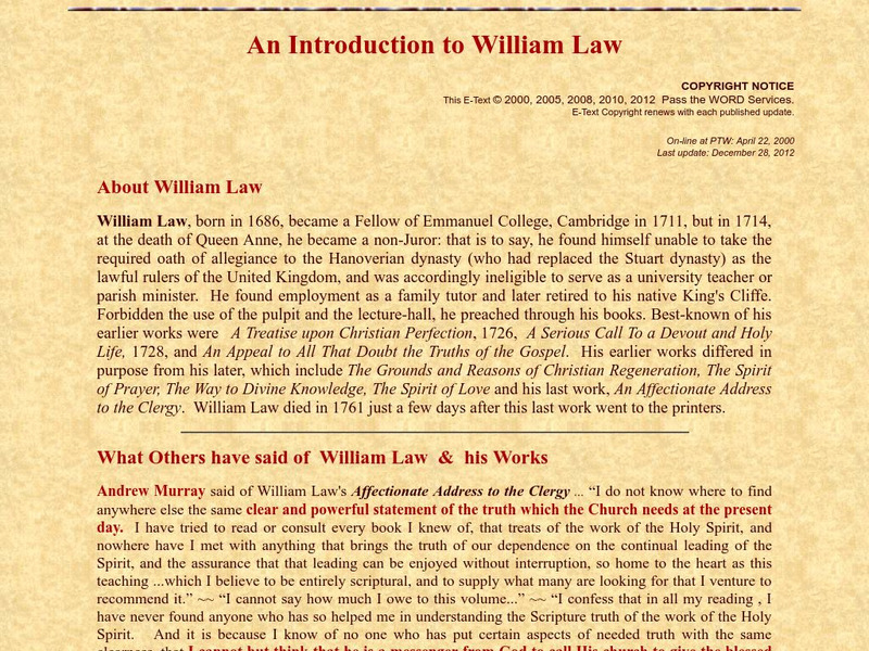 Introduction to William Law: 1686 1791 Handout Introduction to William Law: 1686 1791 Handout