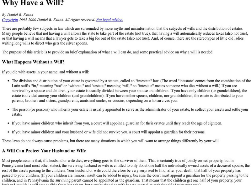 Evans Legal: Why Have a Will Activity