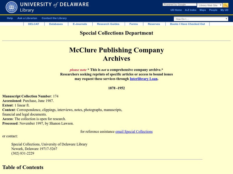 Special Collections Department: Mc Clure Publishing Company Archives Handout Special Collections Department: Mc Clure Publishing Company Archives Handout