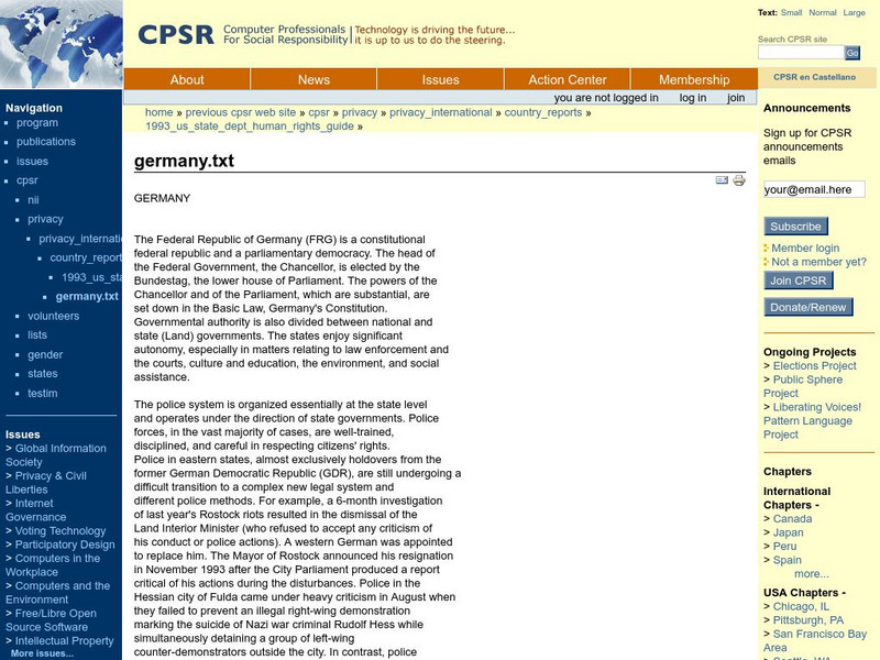 Cpsr: Germany Human Rights Practices Website Cpsr: Germany Human Rights Practices Website