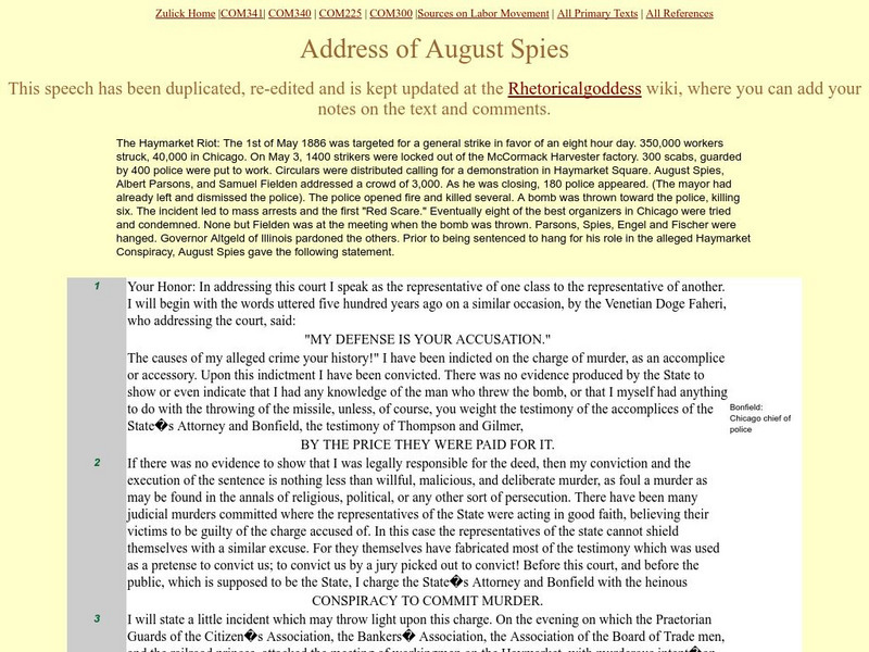 Haymarket Trial: August Spies, Address to the Court Primary Haymarket Trial: August Spies, Address to the Court Primary