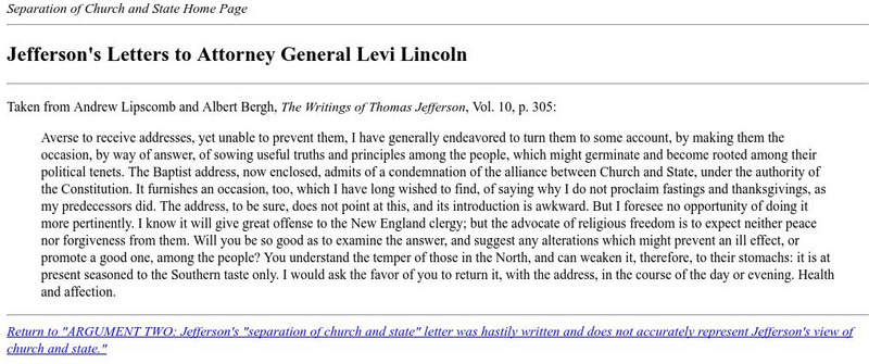 Constitutional Principle: Jefferson's Letters to Attorney General Levi Lincoln Primary Constitutional Principle: Jefferson's Letters to Attorney General Levi Lincoln Primary