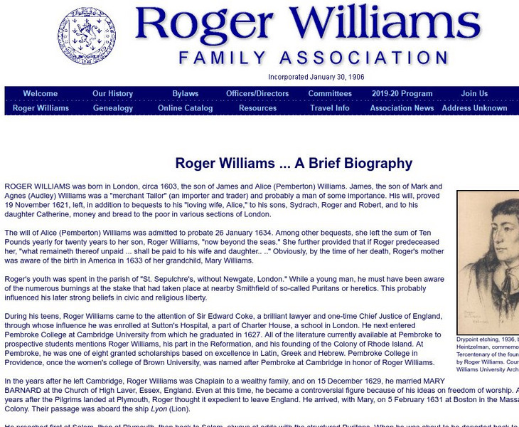 Rwfa: Roger Williams, a Brief Biography Activity