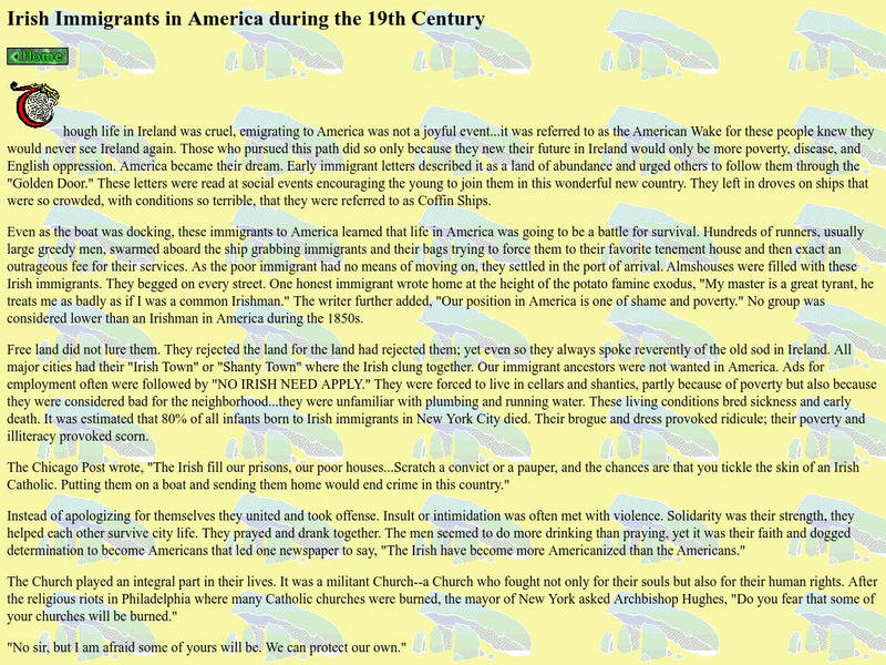 Kinsella Homepage: Irish Immigrants in America During the 19th Century Handout Kinsella Homepage: Irish Immigrants in America During the 19th Century Handout