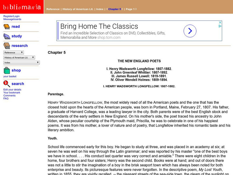 Bibliomania: Biography of Henry Wadsworth Longfellow Handout Bibliomania: Biography of Henry Wadsworth Longfellow Handout
