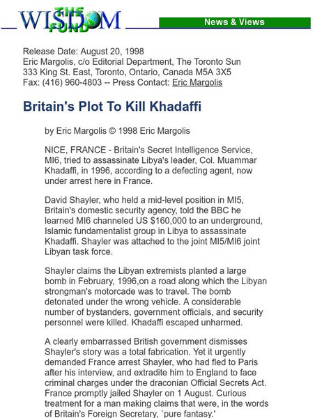 Britain's Plot to Kill Khadaffi Article Britain's Plot to Kill Khadaffi Article