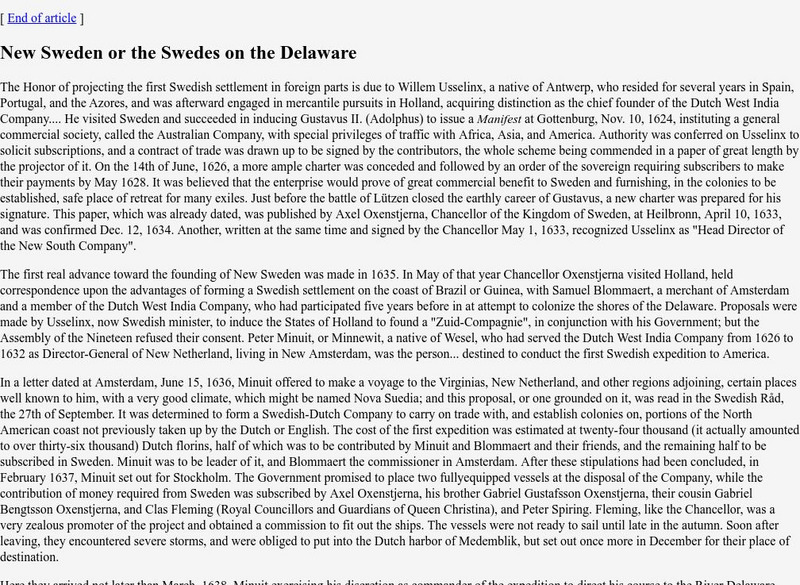 New Sweden or the Swedes on the Delaware Article New Sweden or the Swedes on the Delaware Article