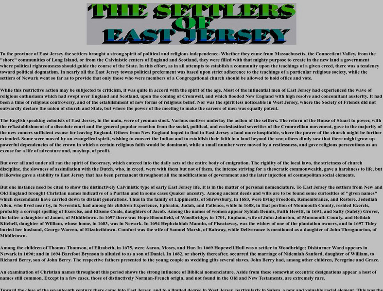 Us Gen Net: The Settlers of East Jersey Handout Us Gen Net: The Settlers of East Jersey Handout