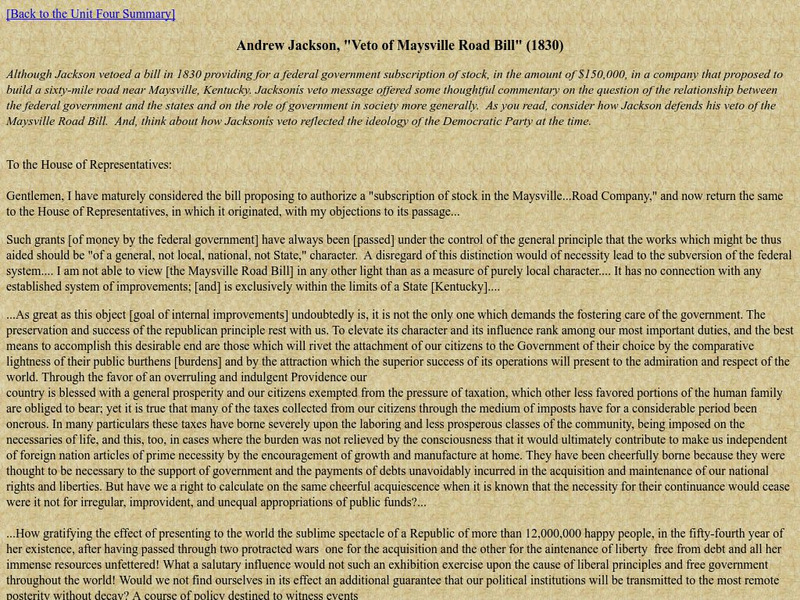 Ethical Culture Fieldston School: Veto of Maysville Road Primary Ethical Culture Fieldston School: Veto of Maysville Road Primary