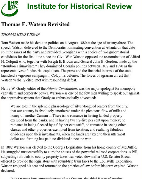 Journal of Historical Review: Thomas E. Watson Revisited Handout Journal of Historical Review: Thomas E. Watson Revisited Handout