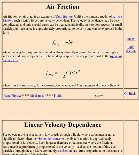 Georgia State University: Hyper Physics: Air Friction Handout