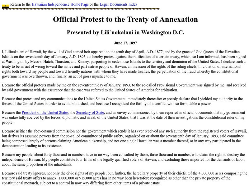 Hawaii Nation: Official Protest to the Treaty of Annexation Primary Hawaii Nation: Official Protest to the Treaty of Annexation Primary