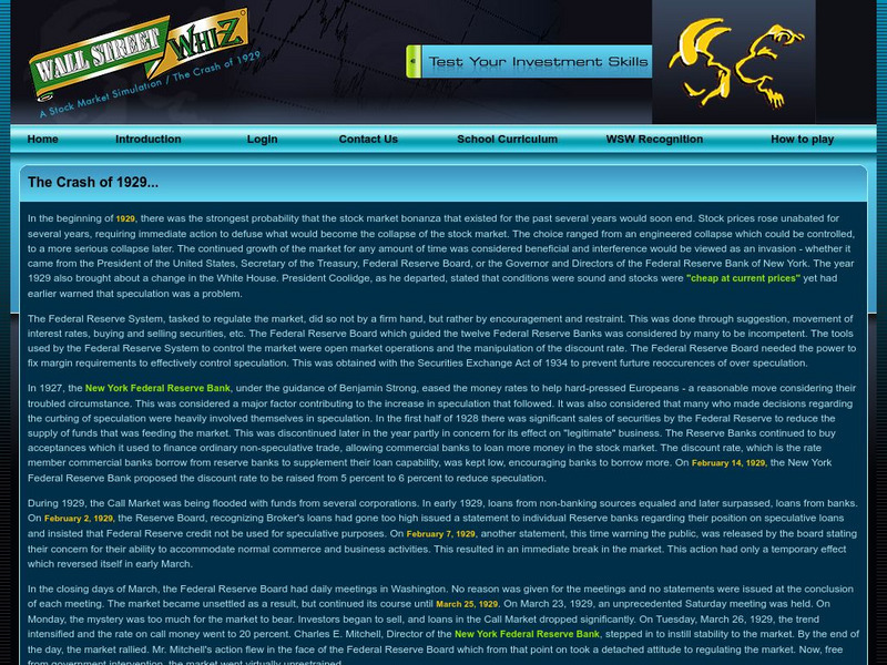 Wall Street Whiz: The Crash of 1929 Activity Wall Street Whiz: The Crash of 1929 Activity