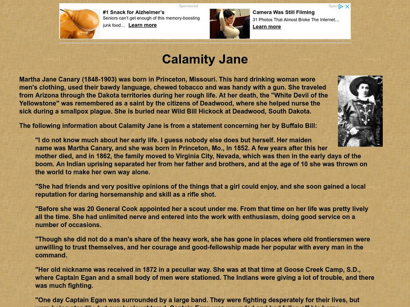 Cowgirl's Dream: Calamity Jane Handout Cowgirl's Dream: Calamity Jane Handout