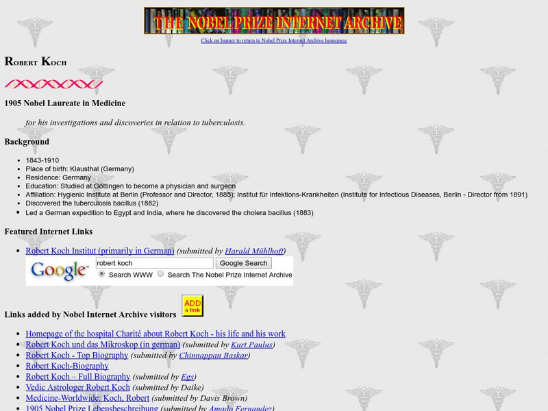 Robert Koch: Noble Laureate in Medicine Handout Robert Koch: Noble Laureate in Medicine Handout