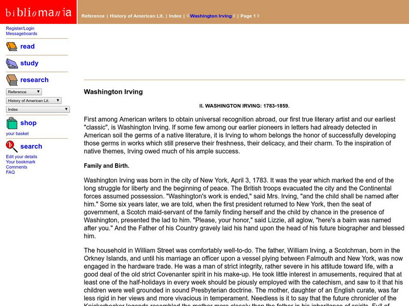 Bibliomania: Washington Irving (1783 1859) Handout Bibliomania: Washington Irving (1783 1859) Handout
