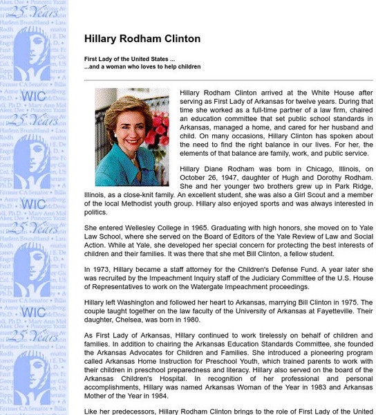 Women's International Center: Hillary Rodham Clinton Handout