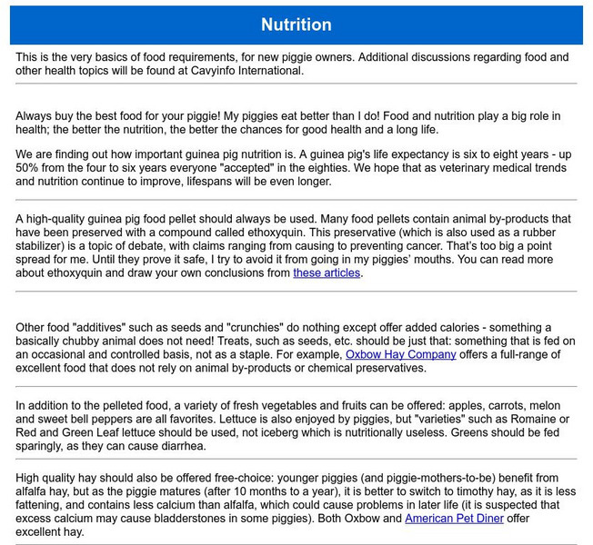 Guinea Pigs Online: Piggie Nutrition Handout Guinea Pigs Online: Piggie Nutrition Handout