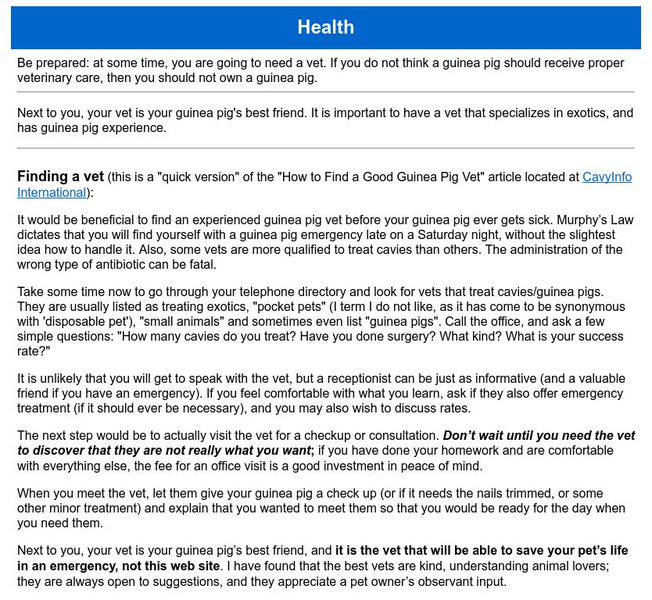 Guinea Pigs Online: Piggie Health Handout Guinea Pigs Online: Piggie Health Handout