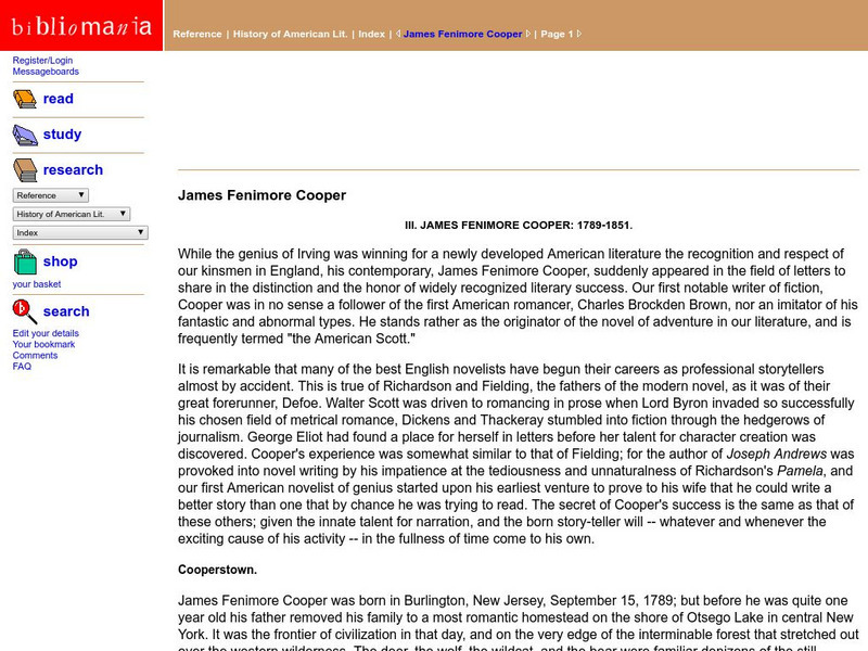 Bibliomania: James Fenimore Cooper Handout Bibliomania: James Fenimore Cooper Handout