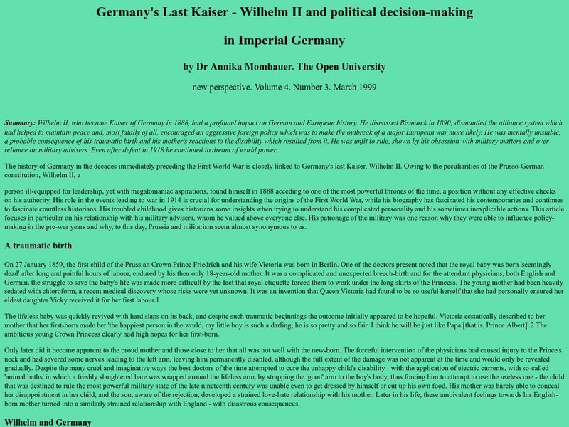 Germany's Last Kaiser Wilhelm Ii: Political Decision Making in Imperial Germany Article