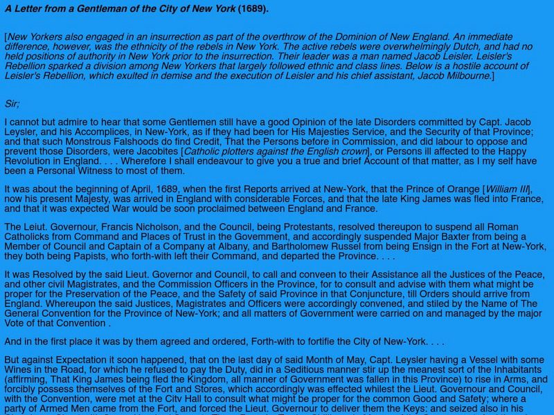 Bruce Dorsey Syllabus: A Letter From a Gentleman of the City of New York (1689) Primary Bruce Dorsey Syllabus: A Letter From a Gentleman of the City of New York (1689) Primary