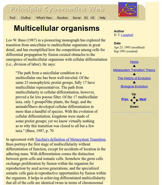 Principia Cybernetica Web: Multicellular Organisms Handout Principia Cybernetica Web: Multicellular Organisms Handout