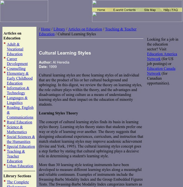 World of Education: Cultural Learning Styles Handout World of Education: Cultural Learning Styles Handout