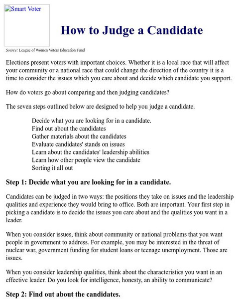 Smart Voter: How to Judge a Candidate Activity Smart Voter: How to Judge a Candidate Activity