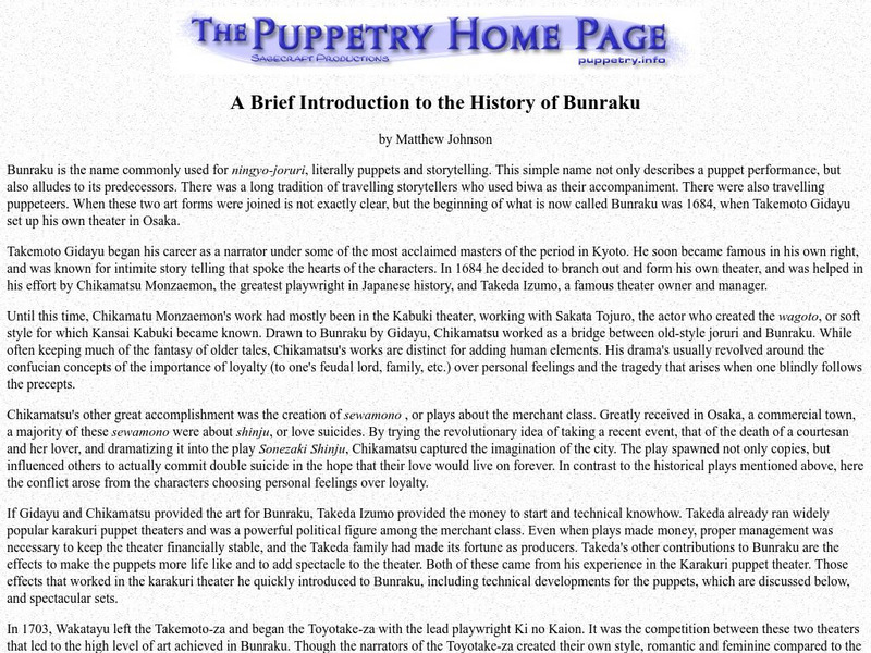 The Puppetry Home Page: Intro. To the History of Bunraku Article The Puppetry Home Page: Intro. To the History of Bunraku Article