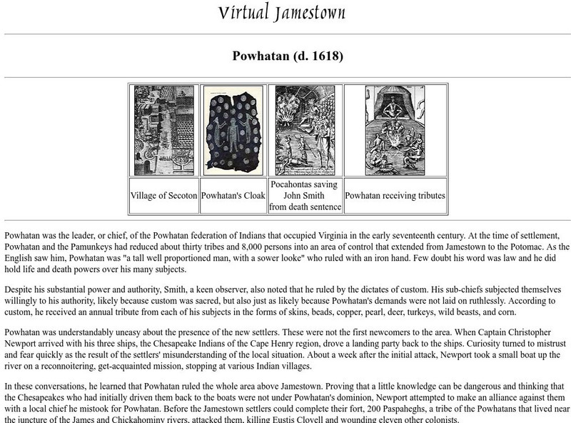Virtual Jamestown: Powhatan (D. 1618) Handout Virtual Jamestown: Powhatan (D. 1618) Handout