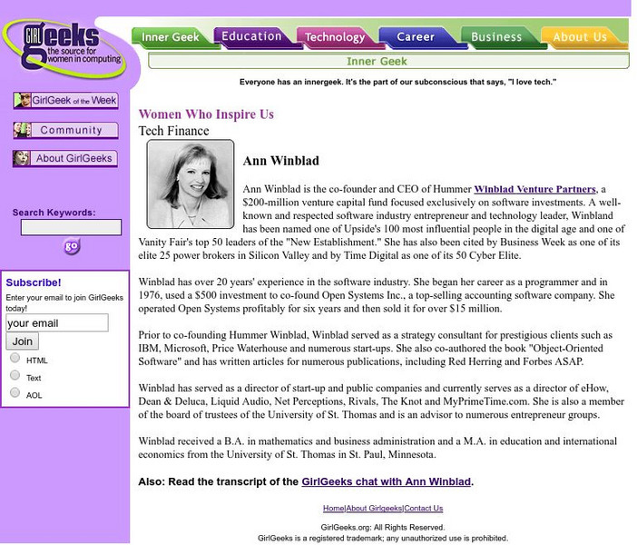 Girl Geeks: Ann Winblad Handout Girl Geeks: Ann Winblad Handout
