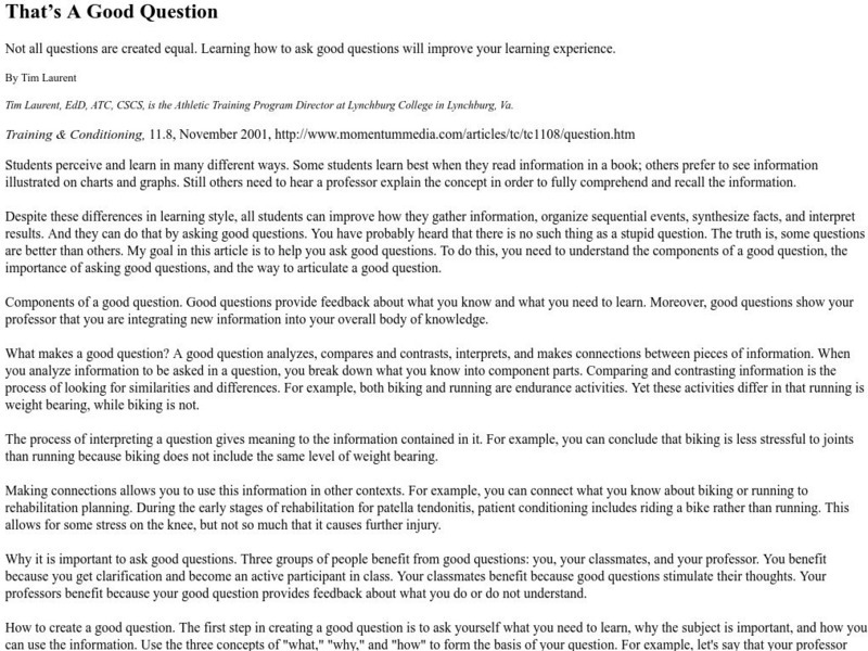 That's a Good Question Activity That's a Good Question Activity