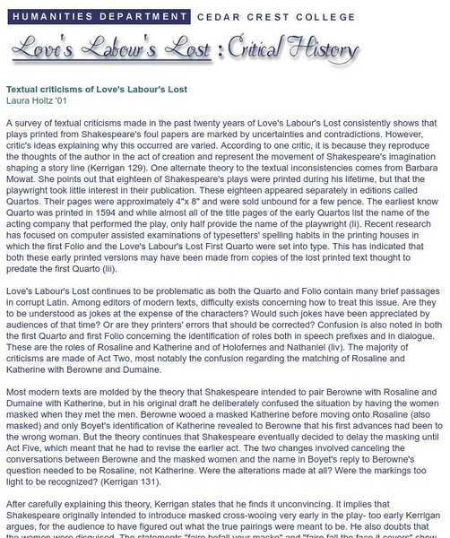 Textual Criticisms of Love's Labour's Lost Article Textual Criticisms of Love's Labour's Lost Article