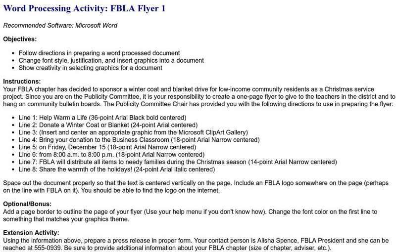 Word Processing Activity: Fbla Flyer 1 Activity for 9th - 10th 