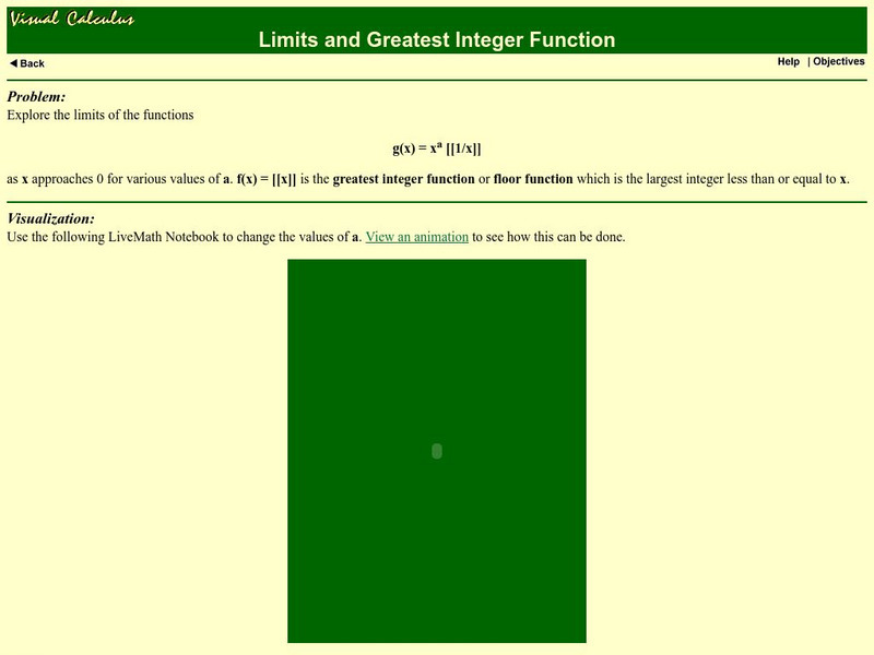 Math Archives: Visual Calculus: Limits and Greatest Integer Function Activity Math Archives: Visual Calculus: Limits and Greatest Integer Function Activity