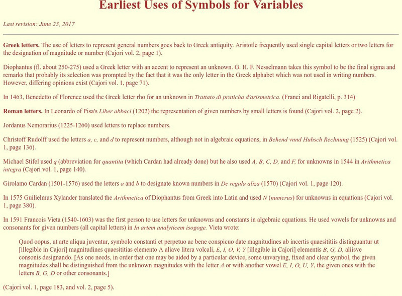 Jeff Miller: Earliest Uses of Symbols for Variables Handout Jeff Miller: Earliest Uses of Symbols for Variables Handout