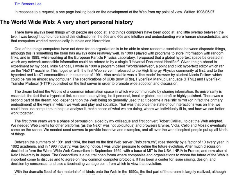 The World Wide Web: A Very Short Personal History Article The World Wide Web: A Very Short Personal History Article
