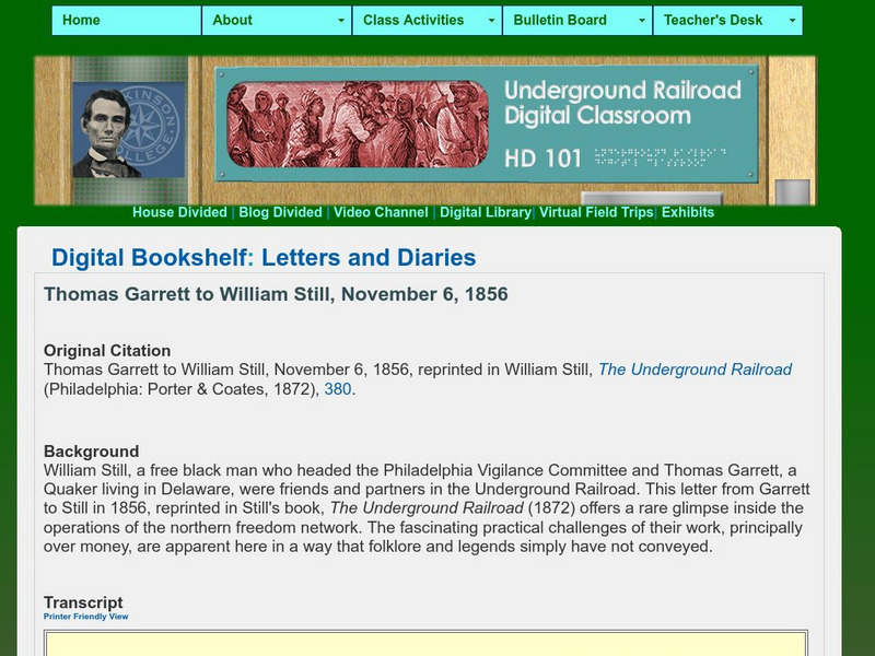 House Divided Project: Letters and Diaries: Thomas Garrett to William Still #2 Primary House Divided Project: Letters and Diaries: Thomas Garrett to William Still #2 Primary