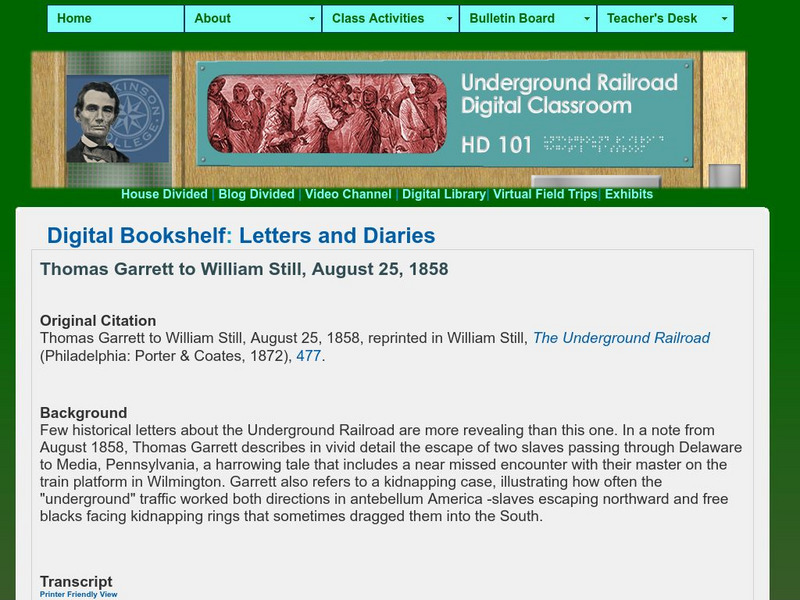 House Divided Project: Letters and Diaries: Thomas Garrett to William Still #1 Primary House Divided Project: Letters and Diaries: Thomas Garrett to William Still #1 Primary