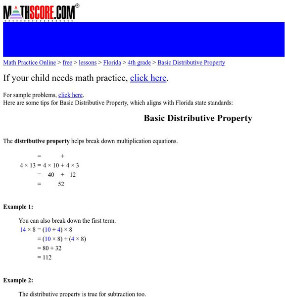 Math Score: Basic Distributive Property Activity Math Score: Basic Distributive Property Activity