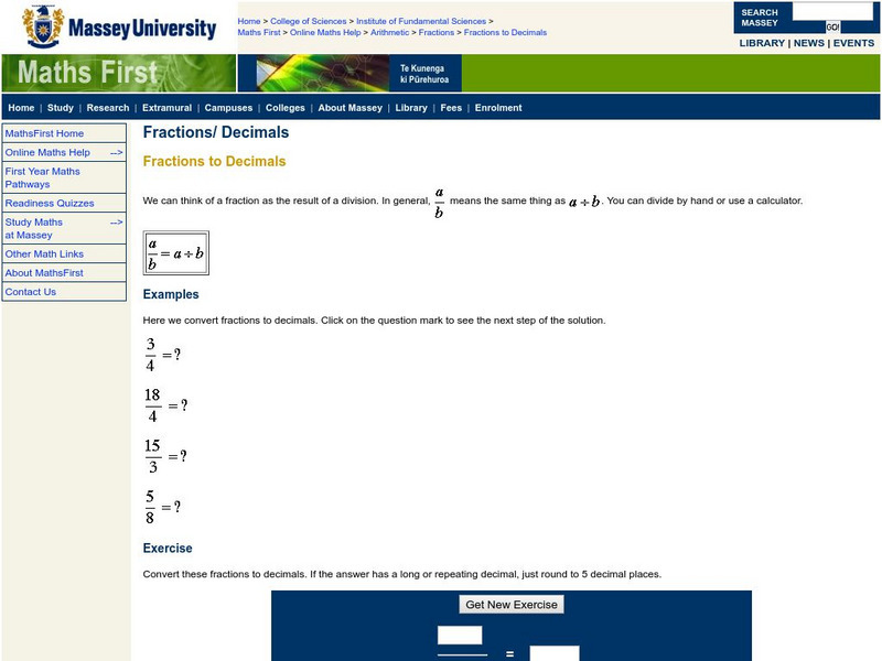 Massey University: Maths First: Fractions to Decimals Activity Massey University: Maths First: Fractions to Decimals Activity